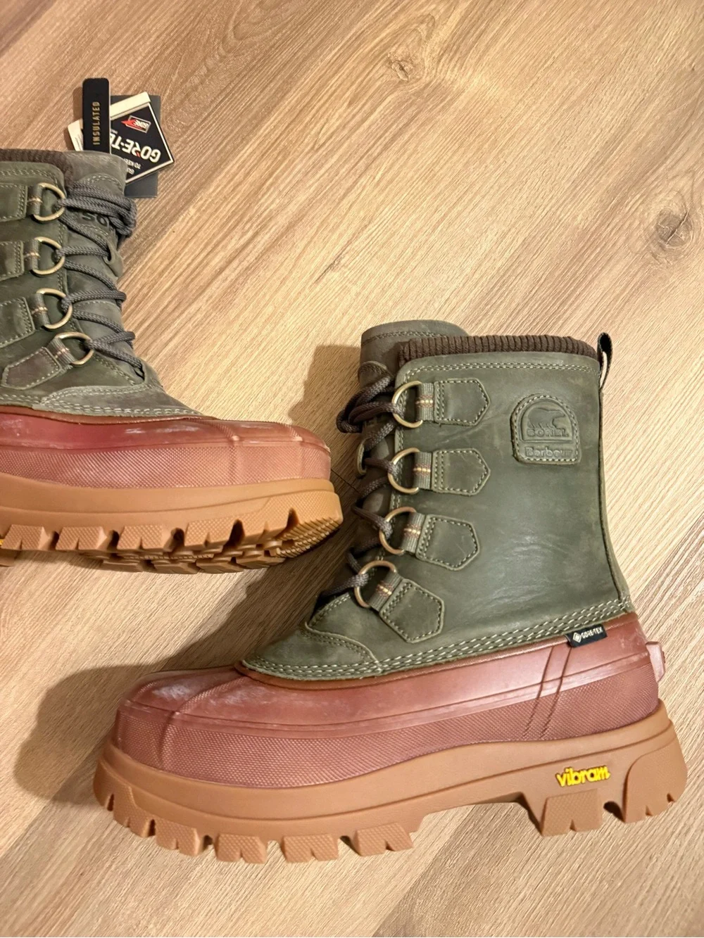 Barbour Olive Green & Brown Waterproof Lace-Up Winter Boots